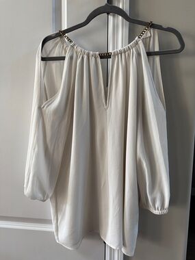 Michael Kors Cream Cold-Shoulder Blouse with Gold Chain Straps